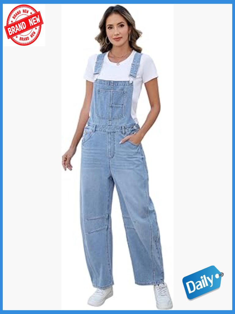 Women's Denim Overalls Barrel Wide Leg Loose Fit Bib Jean Romper Adjustable